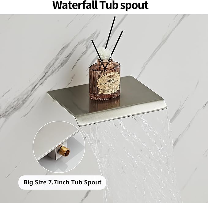 Brushed Nickel Rainfall Shower Head 8 Inch Set Faucet with Tub Spout and Handle System Square Wall Mount for Bathroom