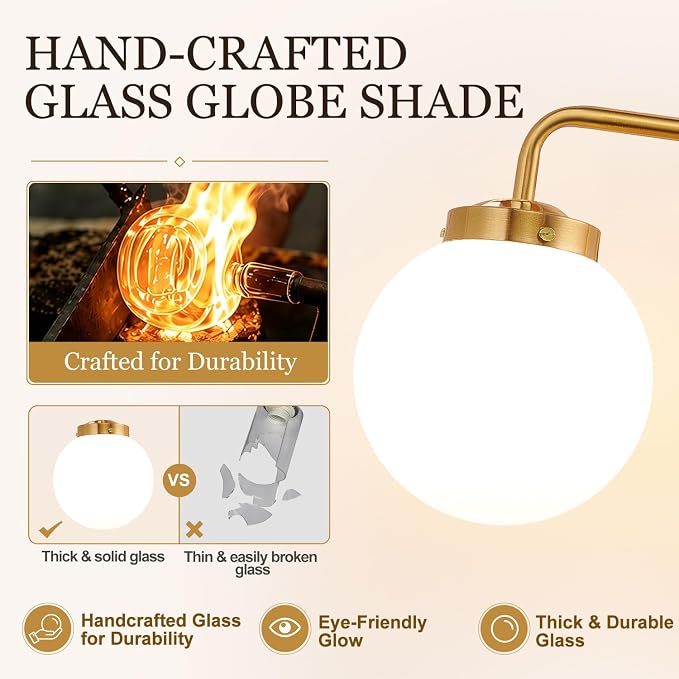 Modern Brushed Gold Vanity Lights for Bathroom, Mid Century 3 Light Bathroom Vanity Light with Globe Milky White Glass Shade Over Mirror, Brass Wall Sconce for Bathroom Hallway Living Room Bedroom