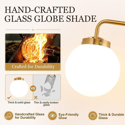 Modern Brushed Gold Vanity Lights for Bathroom, Mid Century 3 Light Bathroom Vanity Light with Globe Milky White Glass Shade Over Mirror, Brass Wall Sconce for Bathroom Hallway Living Room Bedroom