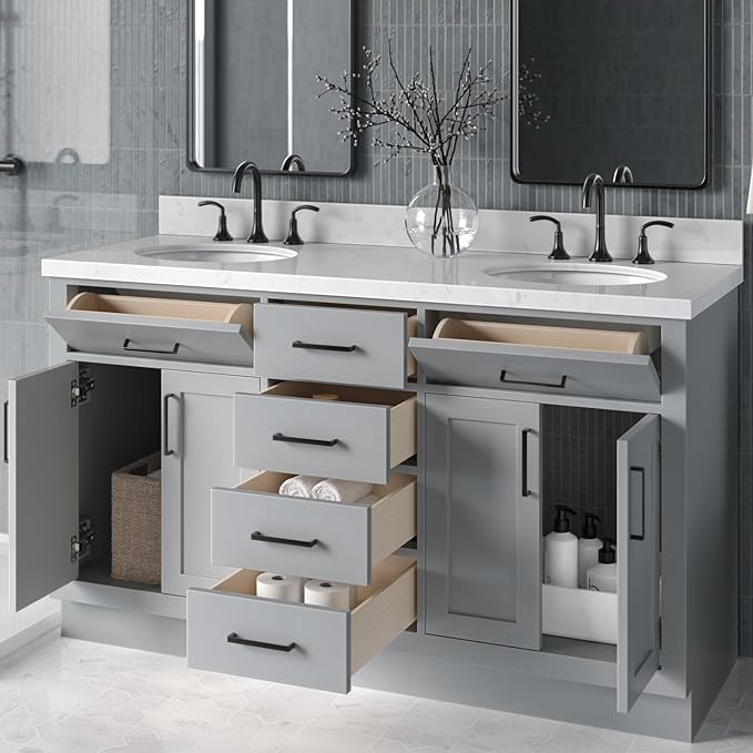 ARIEL Hepburn 60-inch Bathroom Vanity with Sink,Solid Wood, 1.5-inch Carrara White Quartz Countertop & Backsplash, Double Oval Porcelain Sink, 4 Soft Closing Doors, 6 Dovetail Drawers, Grey