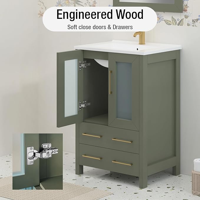 HOMEBEYOND 24 Inch Modern Bathroom Vanity with Sink & Mirror, Single Vanity Cabinet with Basin and Mirror, Dove-Tailed Drawers, Soft-Closing Doors, Wood, Vintage Green