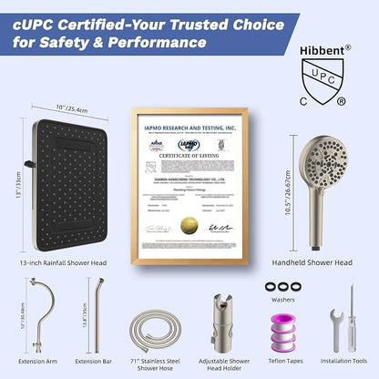 Hibbent cUPC Certified Upgraded 13'' Shower Head Combo, High Pressure 5 Spray Rainfall Showerhead with 10 Sprays Handheld, All Metal 3-way Diverter Shower Arm, 71'' Hose and Holder, Brushed Nickel