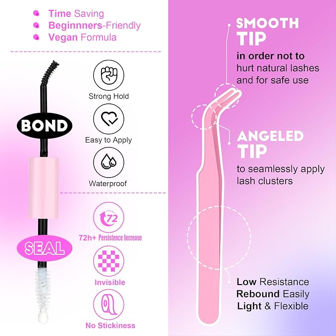 Lash Extension Kit DIY 280pcs Individual Lash Clusters Kit 50D 9-16mm Cluster Eyelash Extensions Kit with Lash Bond and Seal, Lash Tweezers for Self Application (50D, 0.07D, 9-16mm, Kit)
