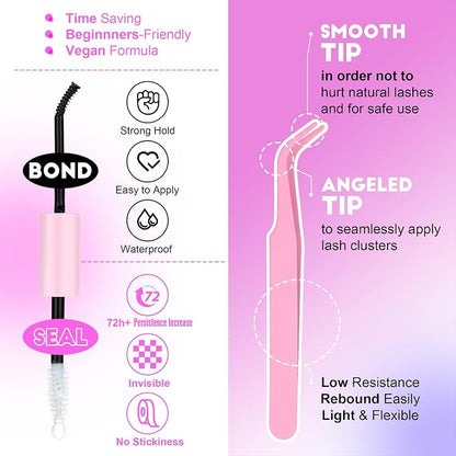 Lash Extension Kit DIY 280pcs Individual Lash Clusters Kit 50D 9-16mm Cluster Eyelash Extensions Kit with Lash Bond and Seal, Lash Tweezers for Self Application (50D, 0.07D, 9-16mm, Kit)