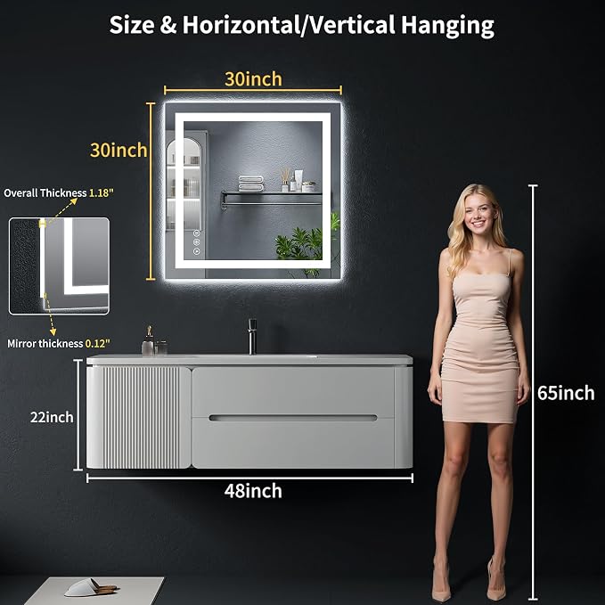 30"x30" LED Bathroom Mirror with Lights, Backlit+Frontlit, Anti-Fog | CRI 95, Stepless Dimmable, 3 Colors Lighting, Shatterproof Tempered Glass, HD Reflection, Memory, (Horizontal/Vertical)
