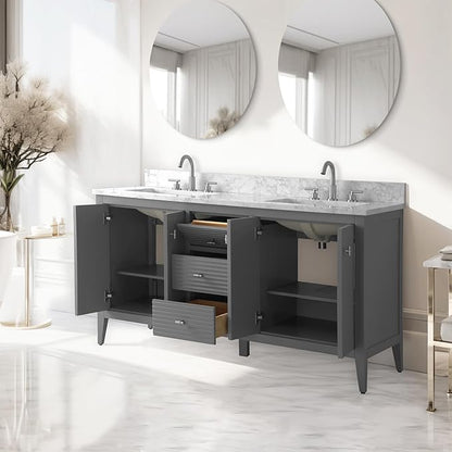 Vanity Art 60 inch Bathroom Vanity with Double Sink & Ceramic Top, Vanity Cabinet with Soft-Closing Door, Solid Wood Frame, Linear Pattern, Cashmere Gray, Golden Brushed Handware VA9160-DG-GB