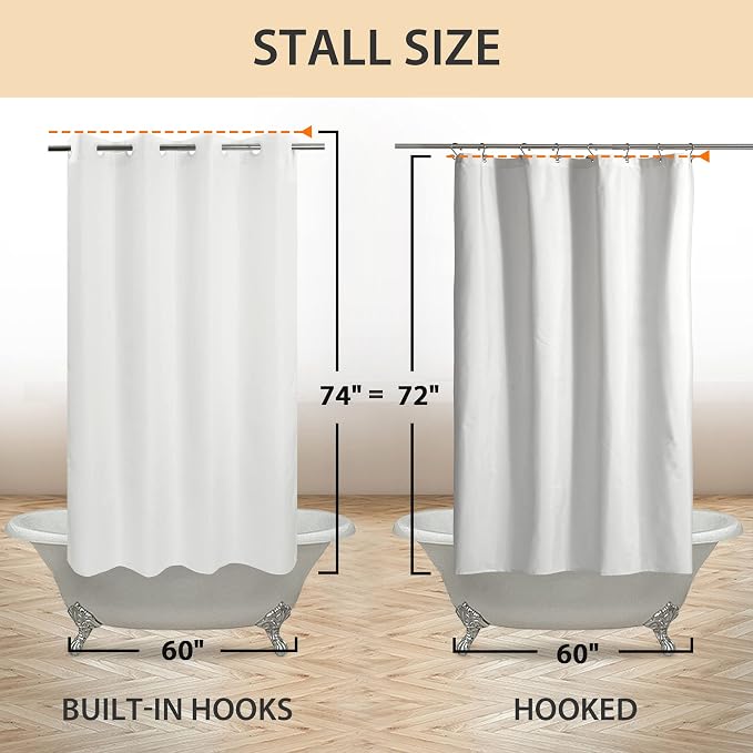 River Dream No Hook Stall Shower Curtain or Liner Microfiber White, 60x74 | Waterproof Fabric Shower Curtain Set, Bottom Magnets, Soft & Machine Washable, 60W x 74H