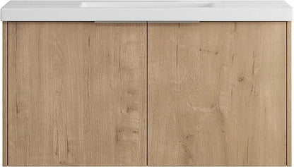 SSLine 84-Inch Double Sink Vanity Modern Wall Mounted Bathroom Vanity with Double Sink 84" Large Floating Bathroom Vanities Set with White Open Storage Shelf & 1 Side Cabinet,Brown White