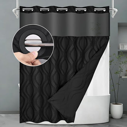Yinhua No Hook Shower Curtain with Snap in Liner Set, 71" W×74" L, Black | Hotel Style with See Through Top Window, Washable Waterproof, Tufted Textured, Hookless Curtain for Bathroom Bathtub
