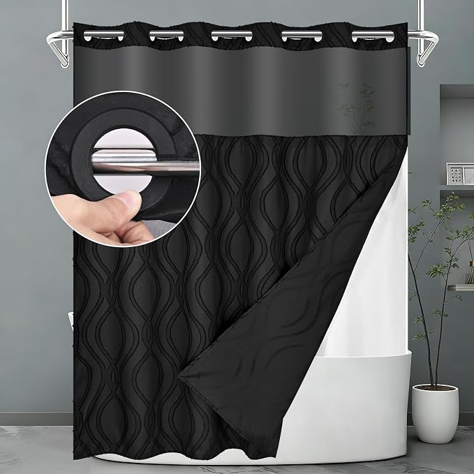 Yinhua No Hook Shower Curtain with Snap in Liner Set, 71" W×86" L, Black | Hotel Style, See Through Top Window, Washable Waterproof, Tufted, Extra Long Hookless Curtain for Bathroom Bathtub