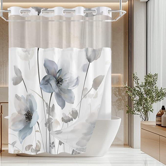 No Hook Shower Curtain and Liner Set, Blue Grey Boho Floral 71x74 | Watercolor Boho Flower, with Snap in Liner, Mesh Top Window, Waterproof, Machine Washable, Quick-Drying, for Hotel Bathroom