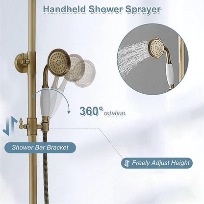 BWE Exposed Bathroom Shower Faucet Set Antique Brass Bathroom Shower Faucet Triple Functions 8 Inch Rainfall Shower Head Handheld Spray with Tub Spout Exposed Shower System Double Handle