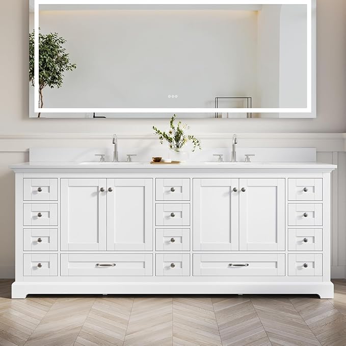 WELLFOR 84 Inch Bathroom Vanity with Double Sinks, Bathroom Freestanding Vanity W/4 Soft-Close Doors and 14 Drawers, Large Storage Space Vanity, Engineered Stone Countertop Vanities, White