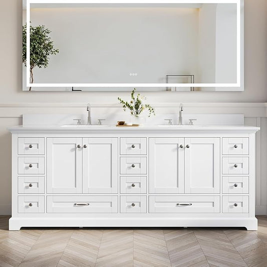 WELLFOR 84 Inch Bathroom Vanity with Double Sinks, Bathroom Freestanding Vanity W/4 Soft-Close Doors and 14 Drawers, Large Storage Space Vanity, Engineered Stone Countertop Vanities, White