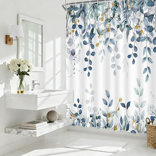 Blue Eucalyptus Shower Curtain, Watercolor Plants Foliage Floral Bathroom Curtains, Cottagecore Botanical Leaves Waterproof Fabric Cloth Shower Curtain Set with Hooks 72X72 Inch