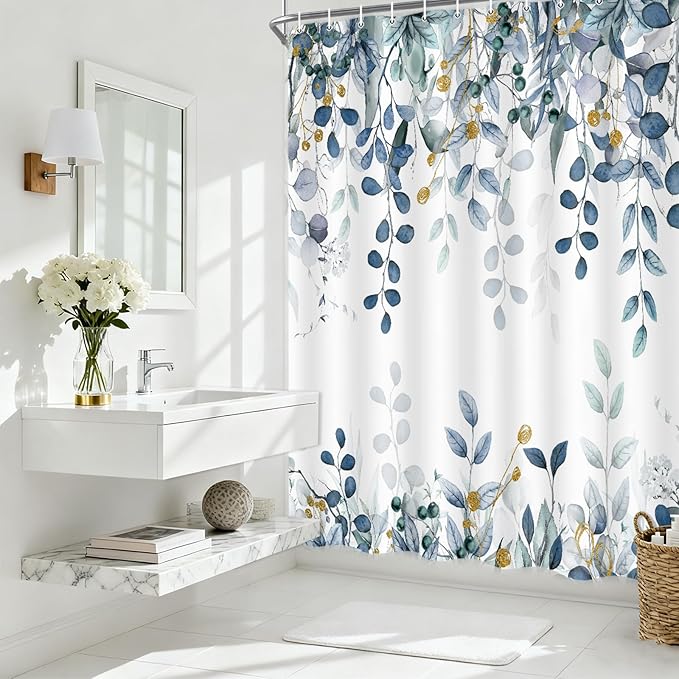 Blue Eucalyptus Shower Curtain, Watercolor Plants Foliage Floral Bathroom Curtains, Cottagecore Botanical Leaves Waterproof Fabric Cloth Shower Curtain Set with Hooks 72X75 Inch