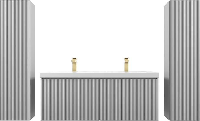 Blossom 48 Inch Double Sink Bathroom Vanity with Side Cabinets and Mirrors, All Wood Wall Mounted Floating Bathroom Vanity Cabinet with Acrylic Sink, Soft-Close Drawers, Bathroom Vanities, Light Grey
