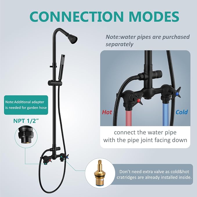 Aolemi Outdoor Shower Kit with Handheld,Round Rain Shower,Matte Black | 2-Handle Hot and Cold Control, Adjustable Height, 6-Inch Center Valve, 59-Inch Hose, Winter Drainage Outdoor Shower Fixtures