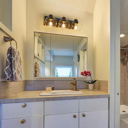 Tuscarora 3 Light Bathroom Vanity Light, Black and Gold Bathroom Light Fixtures Over Mirror, Modern Vanity Light with Clear Glass Shade, Black Wall Sconce for Mirror