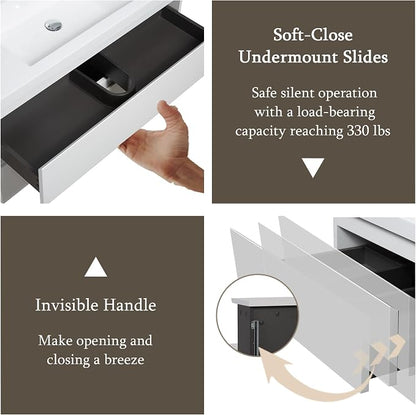 36 Inch Floating Bathroom Vanity with Sink, Large Storage Wall Mounted Floating Vanity with Soft Close Drawers, One-Piece Basin Bathroom Sink Cabinet (Glossy White, 36")
