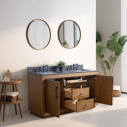 Vanity Art 60 inch Double Sink Bathroom Vanity, Solid Poplar Wood, Vanity Cabinet with Doors and Shelf, Modern Wood Bathroom Vanity with Black Marble Top, 3 Functioning Drawers, VA70-60-DT-B