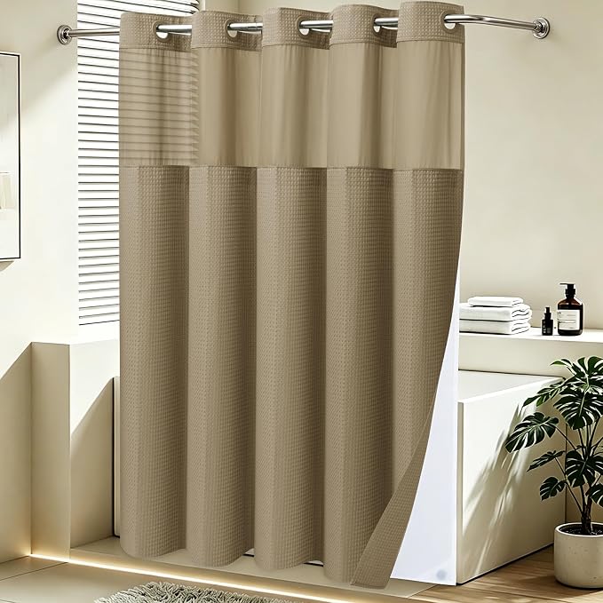 SORTTO No Hook Shower Curtain with Snap in Liner Set Waffle Shower Curtain for Bathroom Hotel Style Fabric Waterproof Inner Liner，71" W x 74" H, Beige