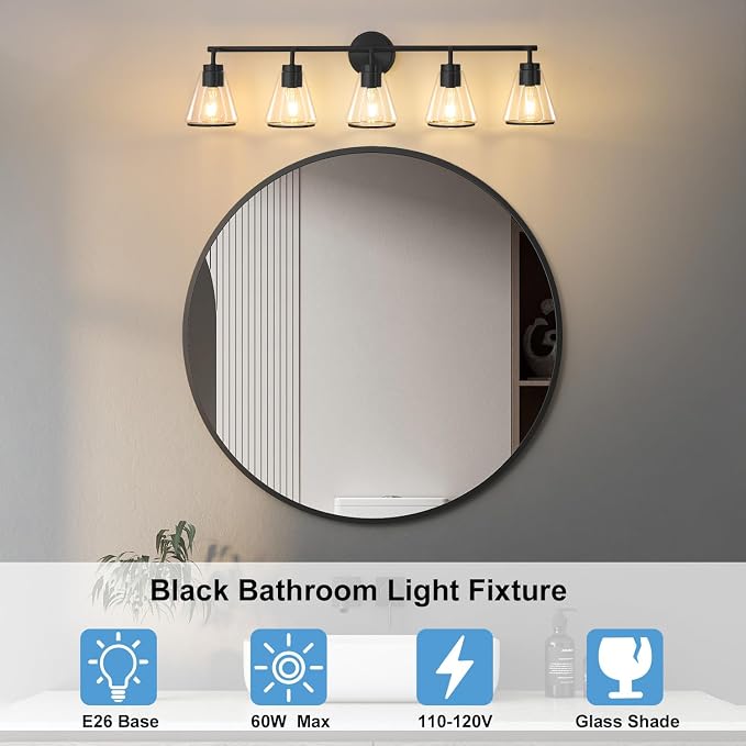 38.5" Black Bathroom Vanity Light, 5 Light Modern Vanity Lighting Fixture | Vanity Lights with Clear Glass Shade, Bathroom Wall Light Over Mirror, Wall Sconces for Bathroom Bedroom