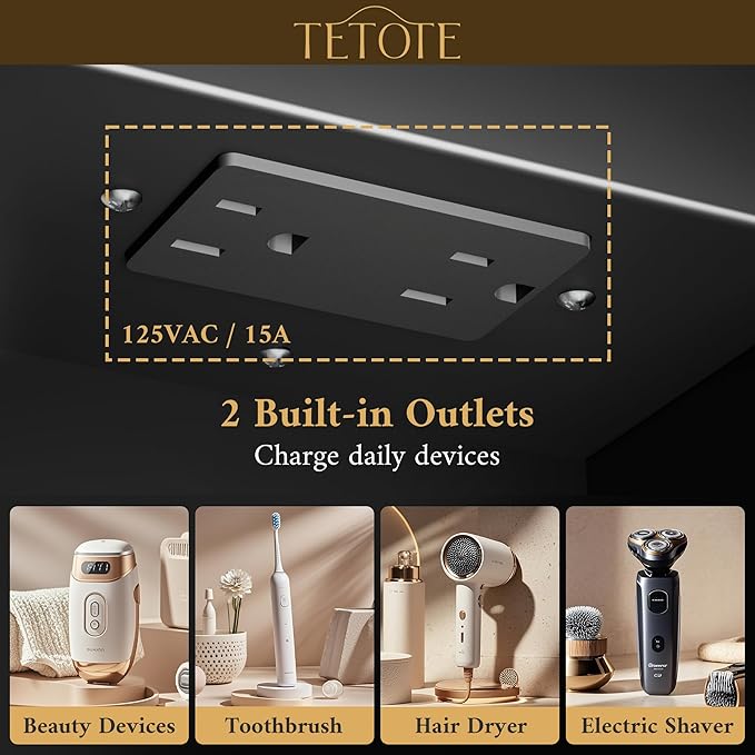 TETOTE Black Lighted Medicine Cabinet Mirror for Bathroom 36 x 30 Led Medicine Cabinet Recessed or Wall Mounted with 2 Door, Tempered Glass, 2 Outlets, 3-Color Dimming, Anti-Fog, Adjustable Shelf