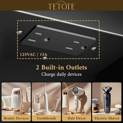 TETOTE Black Led Bathroom Medicine Cabinet with Mirror 20 x 26 Recessed or Surface Mount Metal Framed Lighted Medicine Cabinet, Tempered Glass, 3 Color Dimming, Anti-Fog, 2 Outlets, Adjustable Shelf