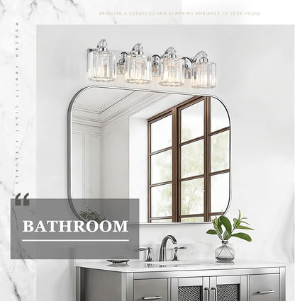 4-Light Modern Bathroom Light Fixture Chrome Vanity Lights Over Mirror Wall Sconce Lighting with K9 Crystal Shades Bathroom Wall Lamp E26 Base for Bedroom, Living Room, Hallway, Cabinet