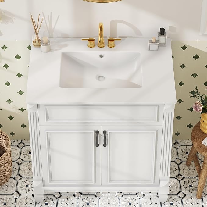 Sweetcrispy 30" Bathroom Vanity with Sink, Bathroom Storage Vanity Sink with 2 Doors, Farmhouse Wooden Free Standing Bathroom Cabinet with Sink, Easy Assembly, NO Mirror Faucet, Ivory & White