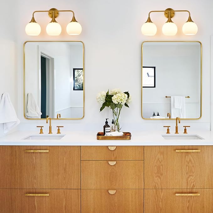 Modern Gold Bathroom Vanity Lights 3-Light Bathroom Light Fixtures Over Mirror with Milk White Glass Shade Modern Wall Sconce Lighting Bath Vanity Lights (Exclude E26 Bulb)