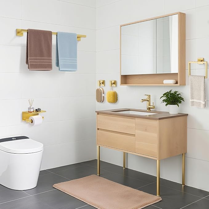 TURS Brushed Gold 5 Pieces Bathroom Hardware Set, SUS304 Stainless Steel 23.6 Inch Bath Towel Bar Set, Square Bathroom Accessories Kit Wall Mounted