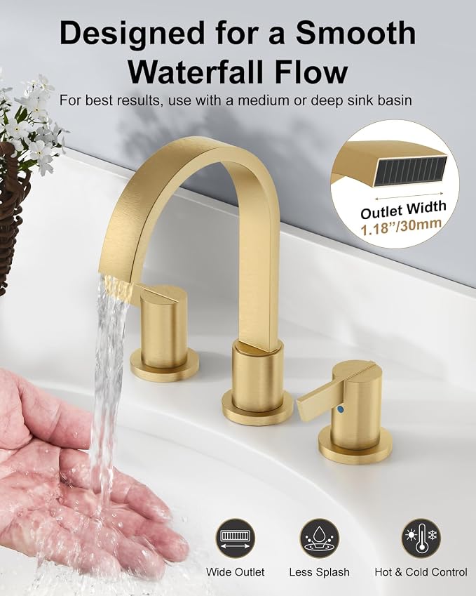 Gold 3 Hole Bathroom Faucet,8" Widespread Vanity Faucet | 2 Handle Waterfall Bathroom Sink Faucet with Pop-Up Drain,Supply Lines,360° Swivel Spout,Lead-Free Stainless Steel,Deck Mount