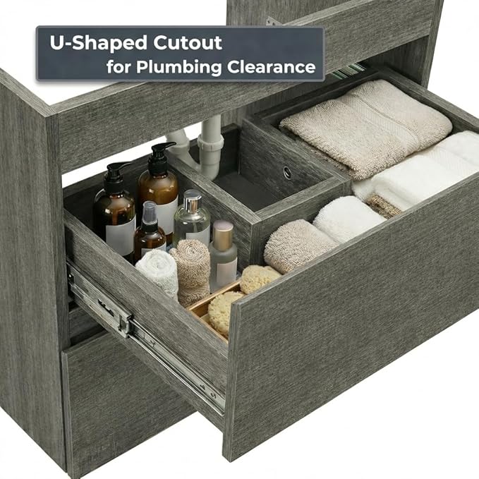 24 Inch Floating Bathroom Vanity with Sink, Modern Wall Mounted Small Bathroom Vanity, 2 Drawer Bathroom Sink Cabinet with Ceramic Sink, Soft Close Slides, Grey