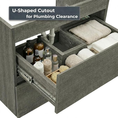 24 Inch Floating Bathroom Vanity with Sink, Modern Wall Mounted Small Bathroom Vanity, 2 Drawer Bathroom Sink Cabinet with Ceramic Sink, Soft Close Slides, Grey
