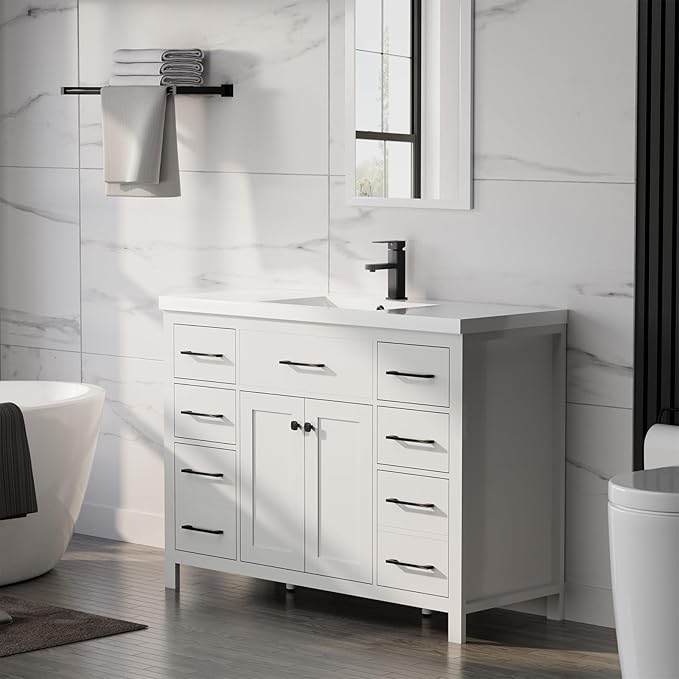 LUCKWIND 48" Modern Bathroom Vanity and Sink, Painted Bathroom Storage Cabinet with Single Resin Sink, Two Doors and Four Drawers, Include Faucet Without Mirror, White