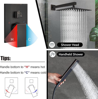 Midanya Shower Faucet Set,Wall Mount Shower System with Square Rain Shower Head and Hand Sprayer, Rough-in Valve Body and Trim Kit Included,12 Inch,Oil Rubbed Bronze