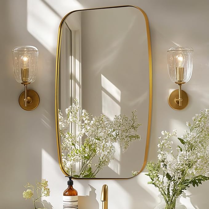 Brass Bathroom Mirror, 24x32’’ Brushed Gold Metal Frame Oblong Mirror for Bathroom, Modern Gold Oval Bathroom Mirror for Over Sink, Hangs Horizontal or Vertical