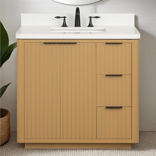 Lavanti Wooderna 36 Inch Bathroom Vanity with Sink – Stylish Firwood Oak Vanity Bathroom with Storage Cabinet – Modern Bathroom Vanities with Single Vanity Sink & Quartz Countertop