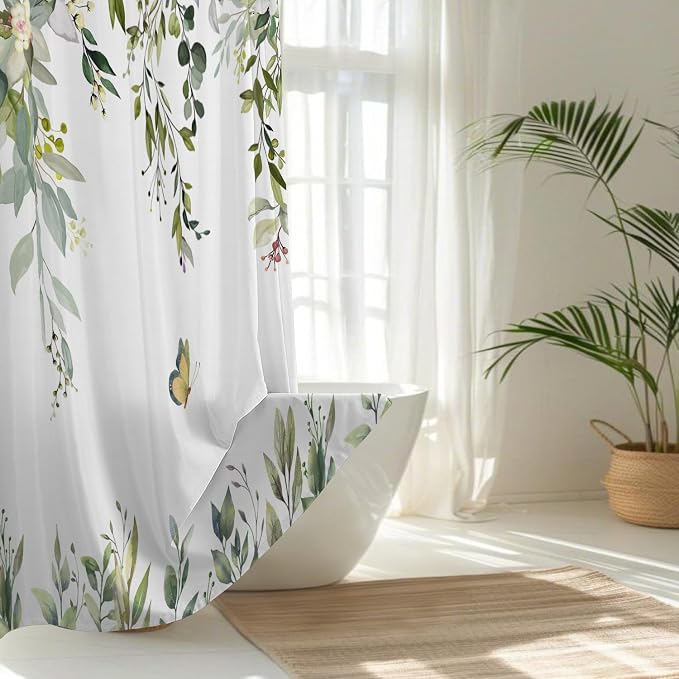 No Hook Shower Curtain and Liner Set, Sage Green Eucalyptus 54x80 | Floral Design, with Snap in Liner, Waterproof, Machine Washable, Quick-Drying, for Hotel Bathroom