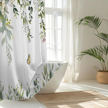 No Hook Shower Curtain and Liner Set, Sage Green Eucalyptus 71x84 | Floral Design, with Snap in Liner, Waterproof, Machine Washable, Quick-Drying, for Hotel Bathroom