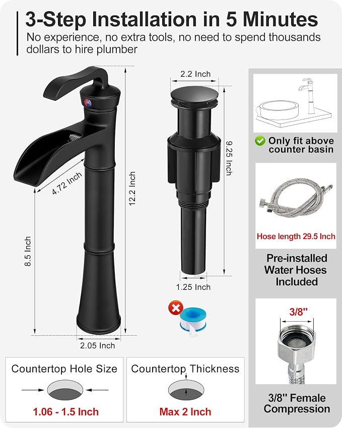 Black Waterfall Tall Bathroom Faucet Single Hole, Brass Bathroom Vessel Sink Faucet Single Handle with Pop-Up Drain & Pre-Installed Hoses, No Noise