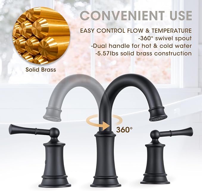 Black Bathroom Faucet, 8 Inch Bathroom Sink Faucet with Pop-up Drain Assembly, Widespread Bathroom Faucet with cUPC Supply Lines for Vanity, Lavatory RV Farmhouse Sink(L2304-BK)
