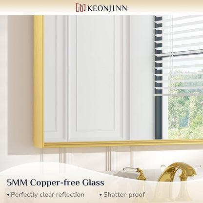 Keonjinn 48x36 Inch Gold Bathroom Mirror for Over Sink, Rectangular | HD Tempered Glass, Vanity Mirror, Brushed Framed, Square Corner, Modern Farmhouse, Wall Mounted Mirrors, Aluminum Alloy
