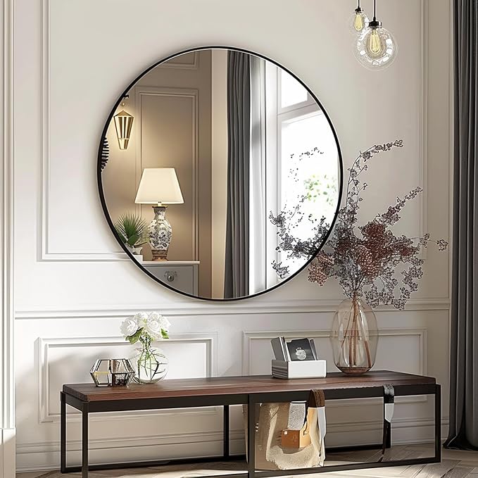 Round Mirror 28 inch, Round Black Mirror, Matte Black Metal Frame | High Definition Mirror, Rust-resistant, Easy Installation, Circular Mirrors for Living room Bedroom, Entrance, Restroom