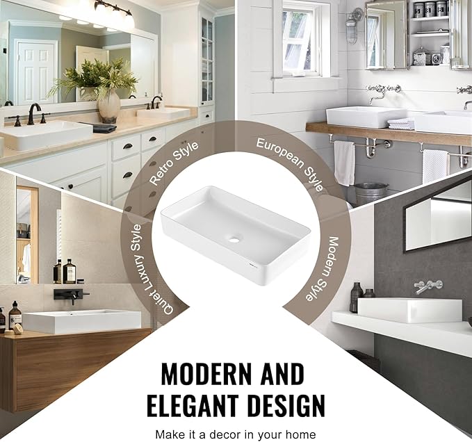VEVOR Rectangle Vessel Sink, 24" x 13.8" Bathroom Vessel Sink Countertop, White Ceramic Bathroom Sinks Above Counter, Modern Style, Bright and Elegant, Well-Packaged for Bathroom, Hotel, Toilet, RV