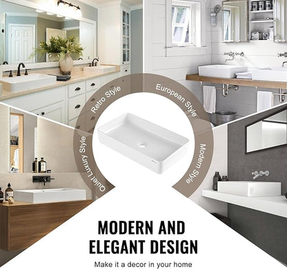 VEVOR Rectangle Vessel Sink, 24" x 13.8" Bathroom Vessel Sink Countertop, White Ceramic Bathroom Sinks Above Counter, Modern Style, Bright and Elegant, Well-Packaged for Bathroom, Hotel, Toilet, RV