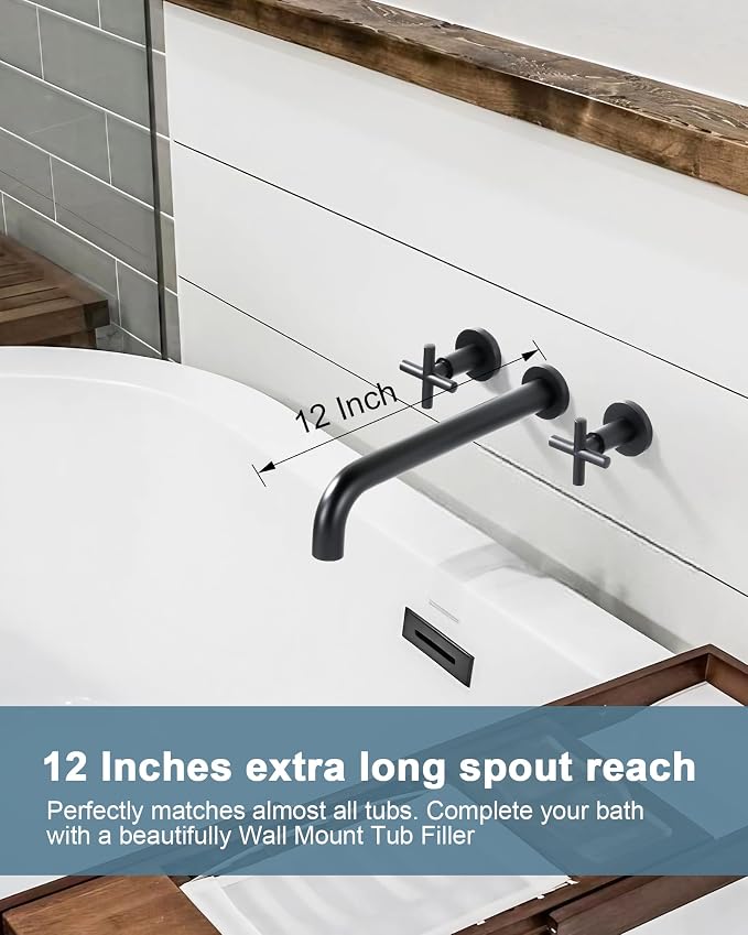 Wall Mount Tub Filler Matte Black, ARCORA Bathtub Faucet Long Spout Reach, 2 Cross Handles Wall Mounted Tub Faucet with Brass Rough in Valve Included