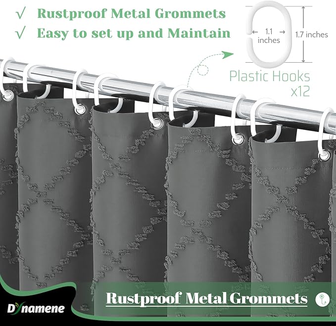Boho Farmhouse Shower Curtain Tufted Geometric 72x72 Charcoal Grey | Elegant Tassel, Soft Lightweight Textured Fabric, Water Repellent, Washable, Hotel Spa, for Bathroom/Dorm/Apartment 12 Hooks